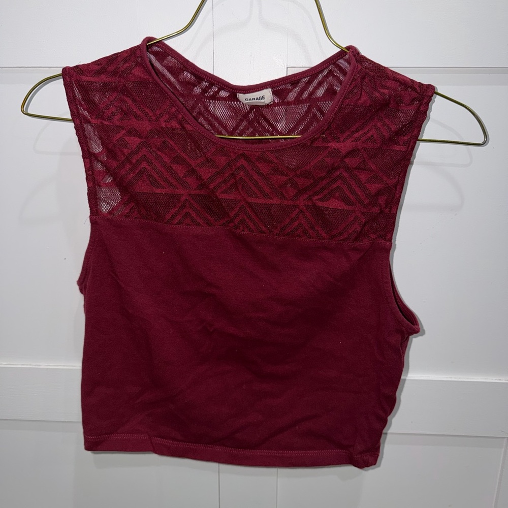 Garage Women's Burgundy Lace Yoke Crop Tank Top